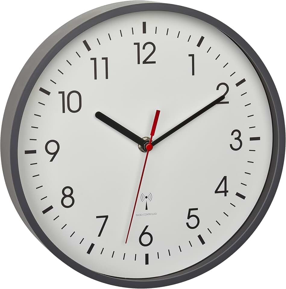 TFA Dostmann Analoge Funk-Wanduhr, 60.3550.10, Höchste Genauigkeit, stilvoll, analog, Glasabdeckung, für Büro, zu Hause, Geschenk, 245 x 245 x 42 mm, grau