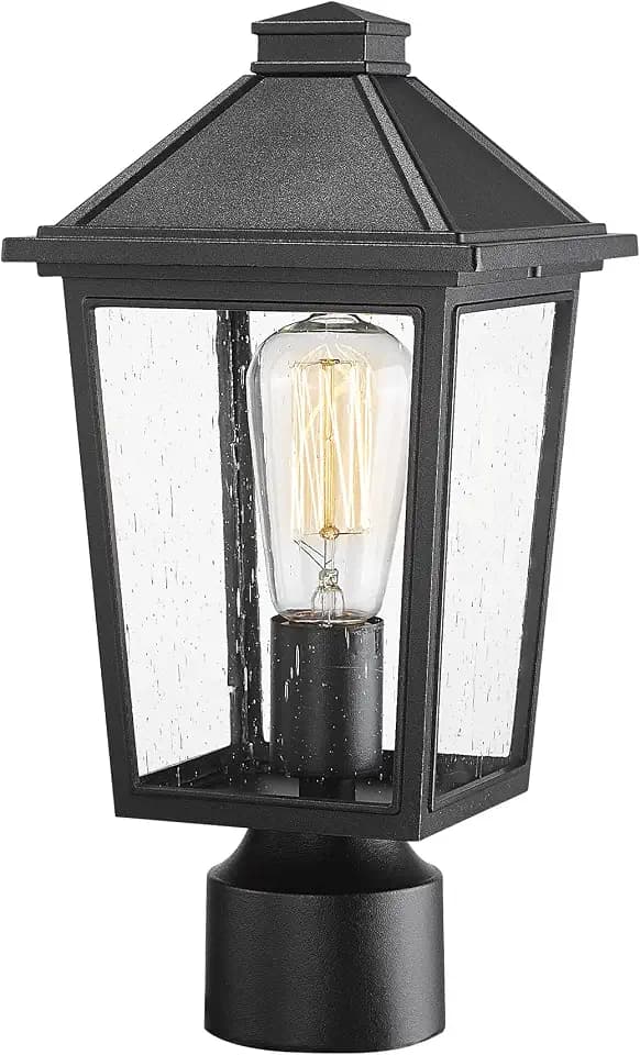 HWH INVESTMENT Outdoor Post Light Fixtures Exterior Pillar Lantern with Seeded Glass Shade, Modern Post Lamp for Outside, Matte Black Finish, 5HX64P BK