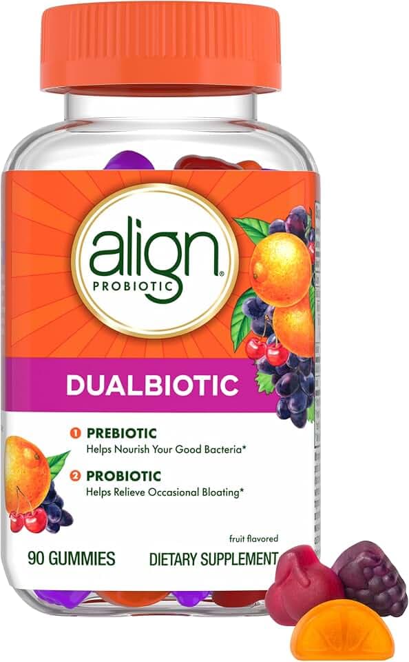 Align Dualbiotic, Prebiotics and Probiotics for Women and Men, Probiotics for Digestive Health, Prebiotics Help Nourish Good Bacteria, Natural Fruit Flavors, 90 Probiotic Gummies