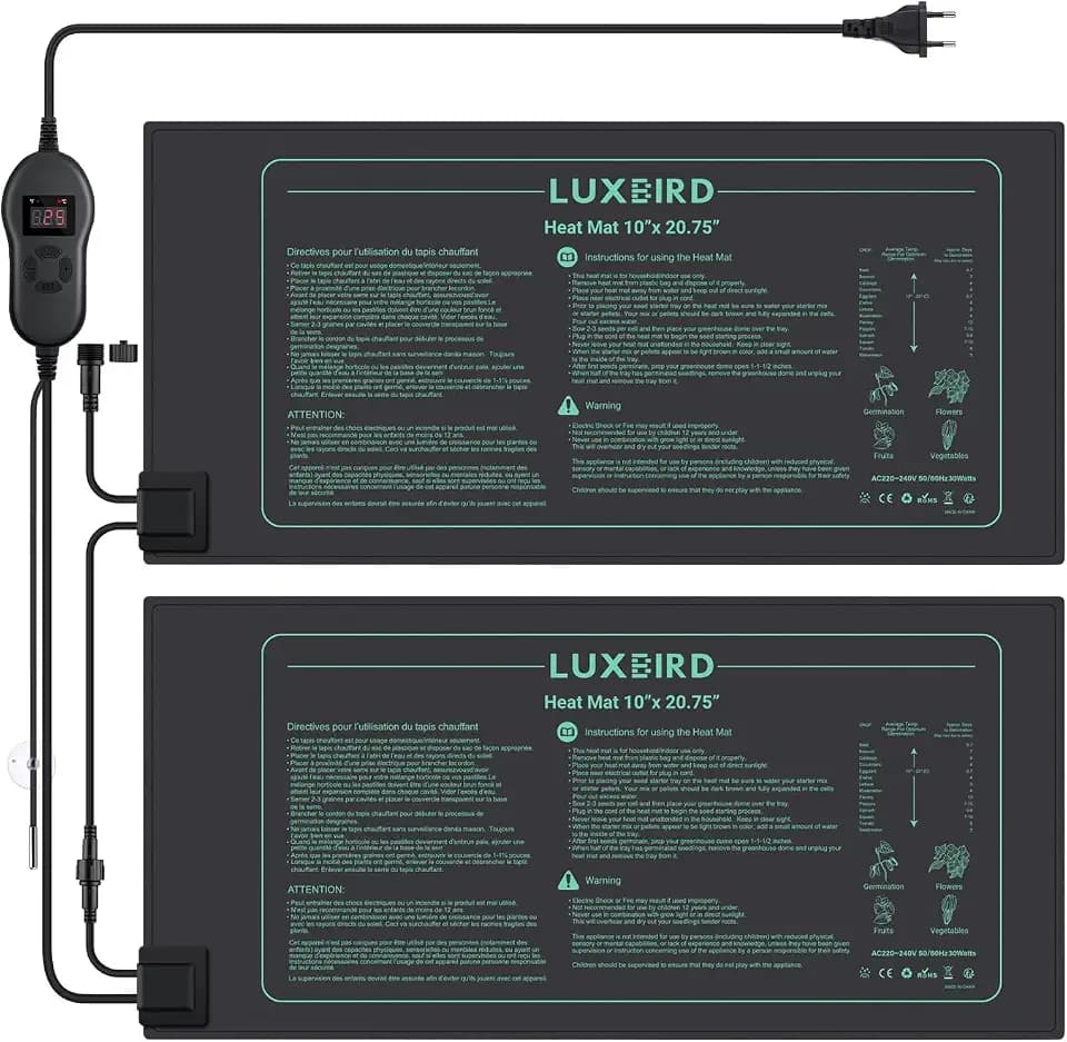 Luxbird Heizmatte mit Thermostat, 2 Heizmatten mit 1 Controller, Zimmergewächshaus Wärmematte 30 Watt, Eins-zu-viele-Steuerung, IP67 Wasserdicht, Größe der Matte 52.7x25.4cm
