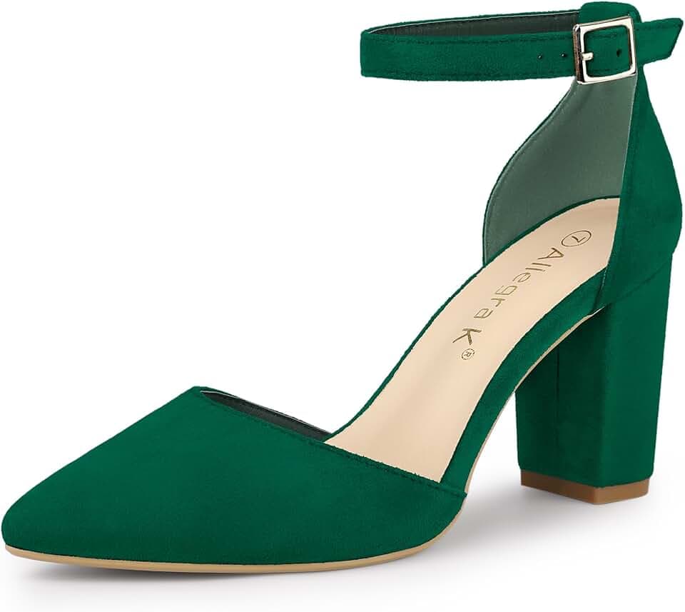 Allegra K Damen-Pumps mit Knöchelriemen, spitzer Zehenbereich, Blockabsatz