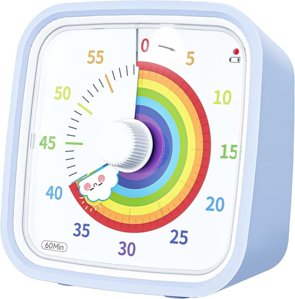 Yunbaoit Visueller Timer mit Schutzhülle, Regenbogen-Scheibe 60-Minuten-Countdown-Timer für Kinder und Erwachsene, leises Time Management-Werkzeug(Hellblau)