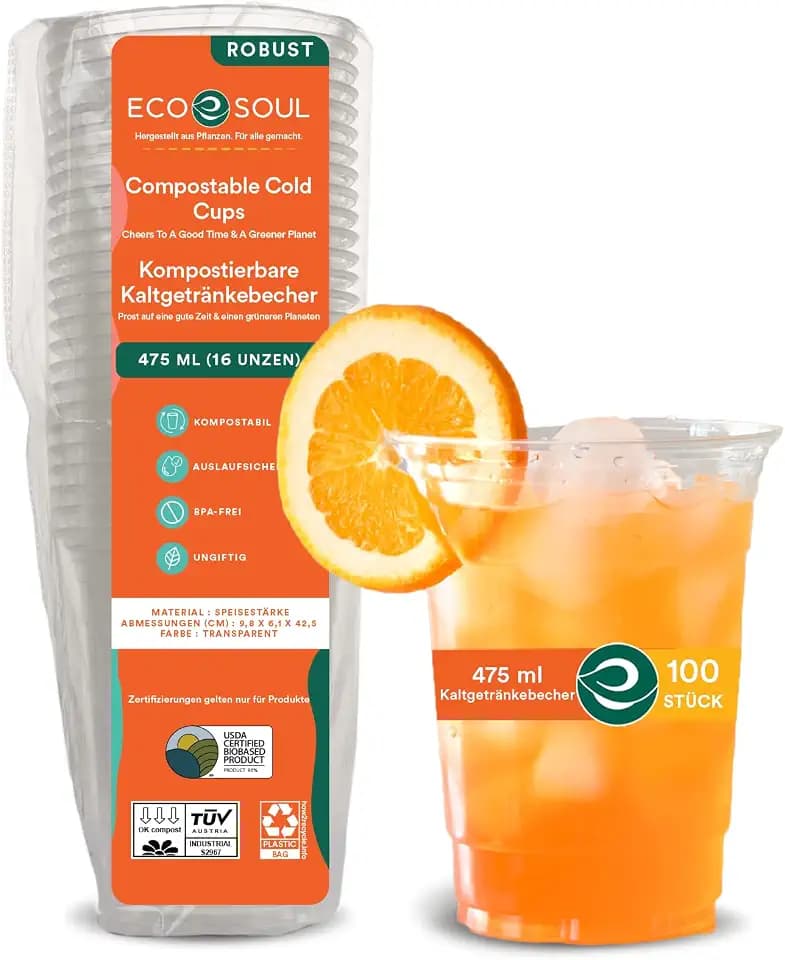 ECO SOUL 16 Oz Plant-Based Disposable Party Cups, (100 Pack, Clear)