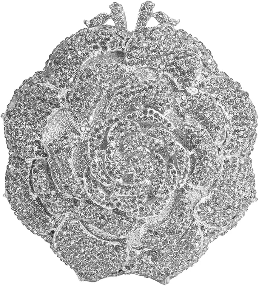 RomanticDesign Women Round Rose Flower Rhinestone Clutch Bag Elegant Crystal Bride Purse for Evening Party Prom Wedding