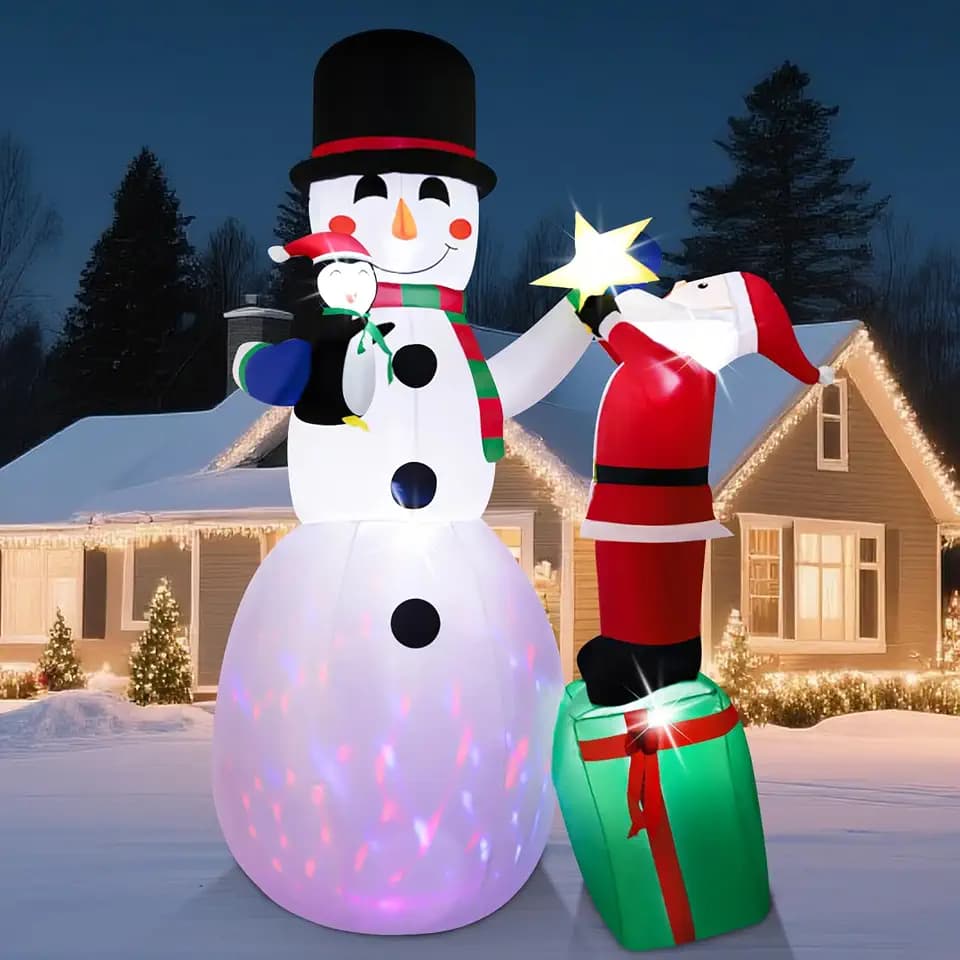 8FT/240CM Aufblasbare Weihnachtsdeko Schneemann mit Rotierenden LED Lichtern, Aufblasbar Christmas Winterdeko für Innen- und Außen, Hof, Garten Weihnachtsdeko Figur - 1 Pinguin, 1 Weihnachtsmann
