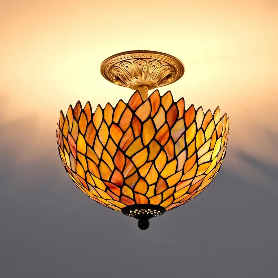 Wisteria Style Tiffany Ceiling Light Fixture Stained Glass Semi Flush Mount Lamp Wide 12 Inch Height 11 Inch Vintage Inspired Lighting Statement for Bedroom Hallway Entryway (Green)