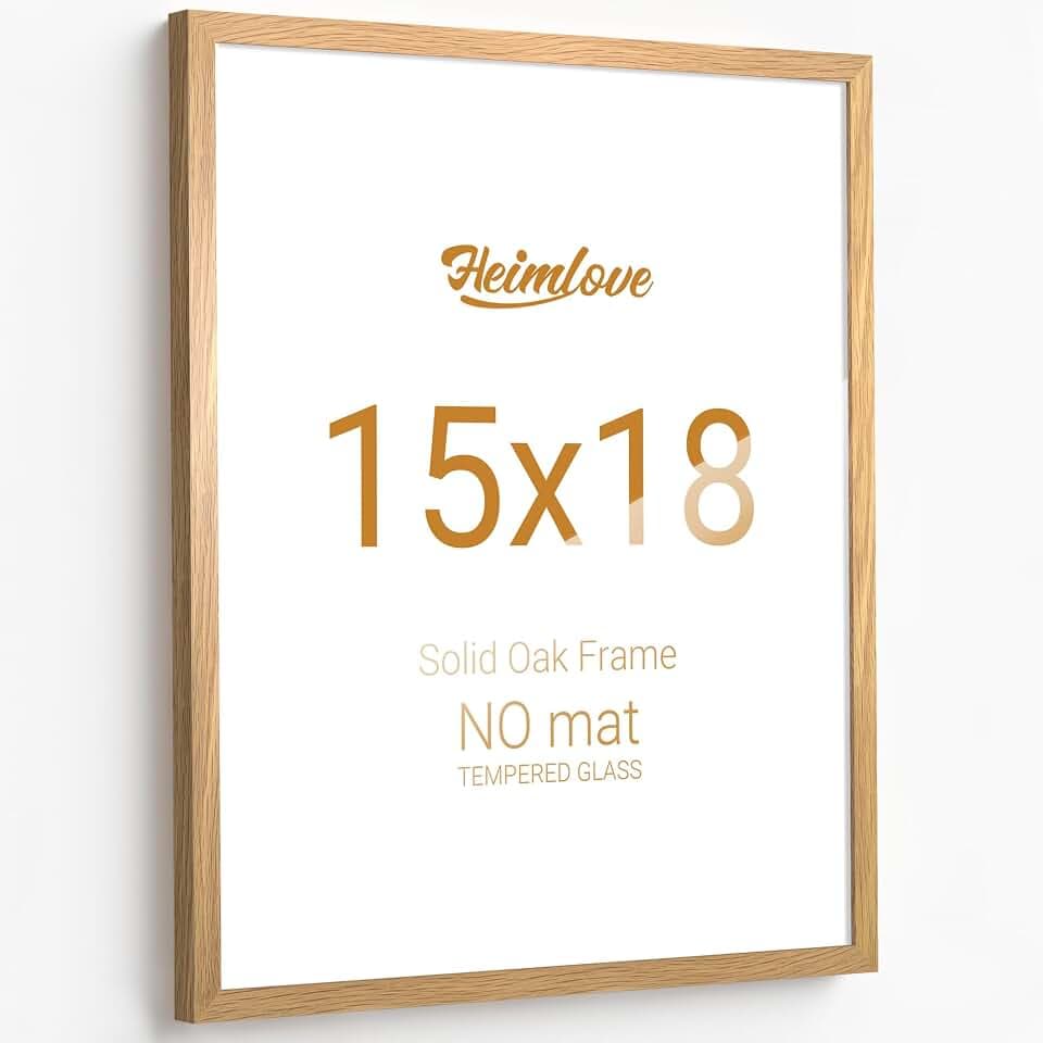 Heimlove 15x18 Picture Frames Solid Oak Wood,15 x 18 Photos Frame with Tempered Glass,Wall Gallery Poster Frame with No Mat,Horizontal and Vertical for Wall Mounting,Home Office Decoration,Natural Oak Color
