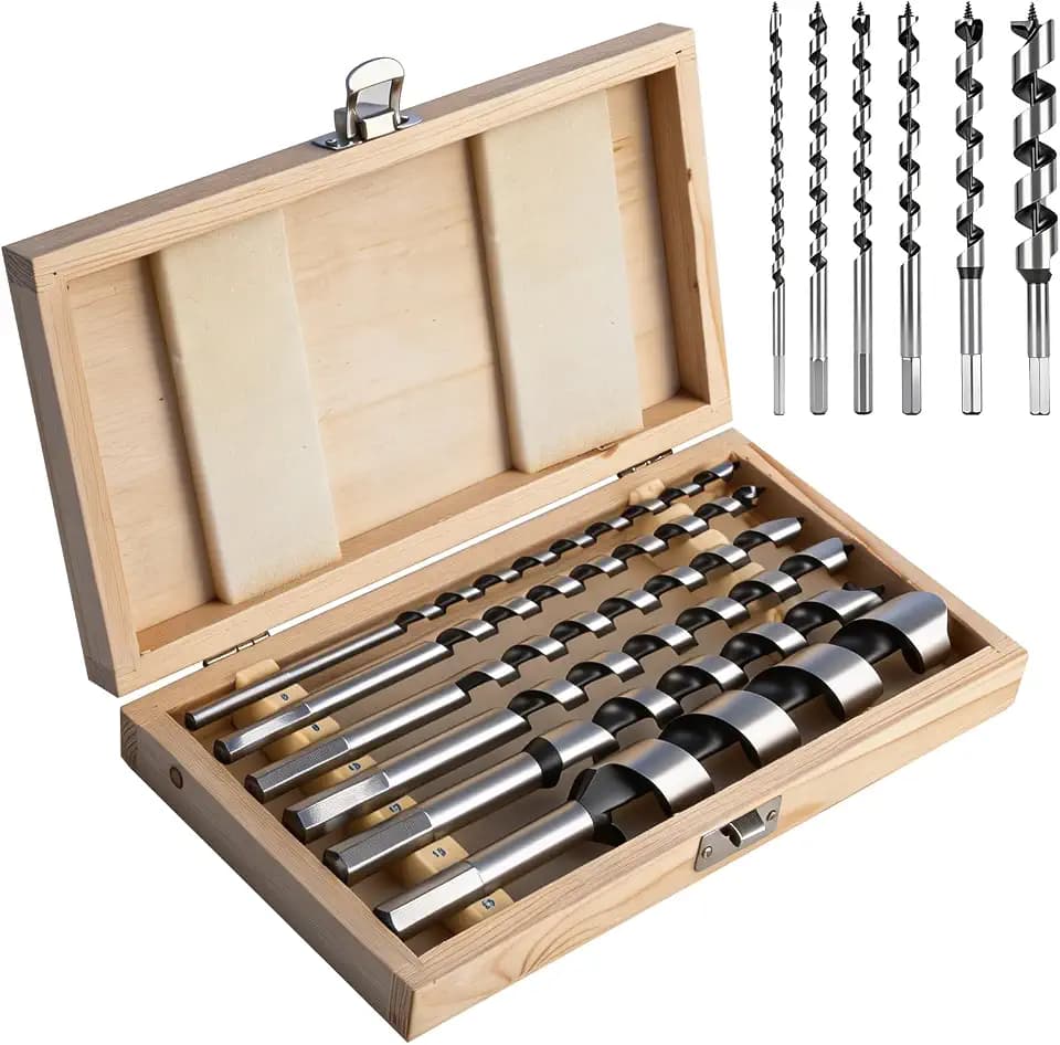 6Pcs 9" Long Auger Drill Bit Set, 1/4",5/16",3/8",1/2",5/8",1" Inch | Hex Shank Ship Auger Drill Bit Set for Wood, Plastic, Drywall with Wooden Storage Box