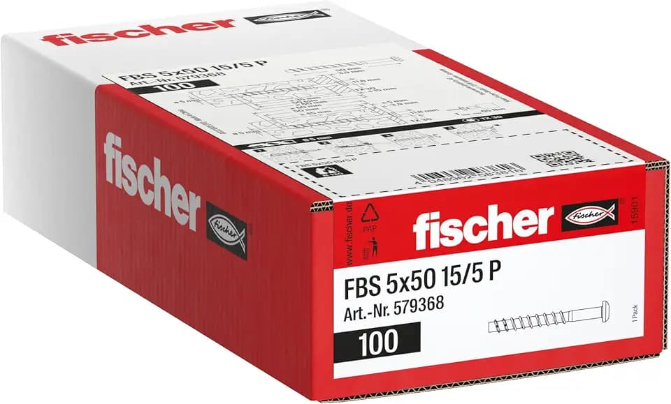 fischer Betonschraube FBS 5 x 50 15/5 P Panhead, galvanisch verzinkter Stahl, schnelle Montage in Beton und Mauerwerk, optimal für Elektro- und SHKL-Installationen, 100 Stück