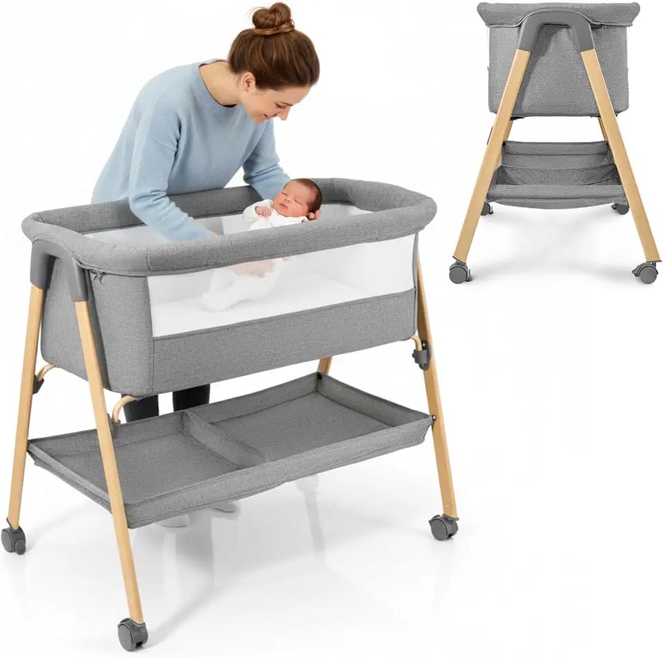 Moby-System Babybett Mili – Reisebett 0–6 Monate, Klappbar mit Matratze, Netzseiten, Stauraum, Rollen mit Bremse, Leicht & Stabil, Grau, Neugeborene, Beistellbett ohne Bohren, 9 kg Max.