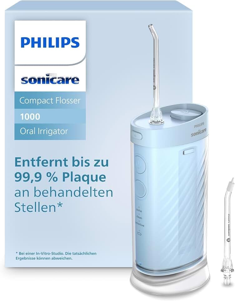Philips Sonicare Compact Flosser 1000, tragbare Munddusche mit 3 Reinigungsprogrammen, IPX7 wasserdicht, reisefreundlich, Blau, Modell HX3333/24
