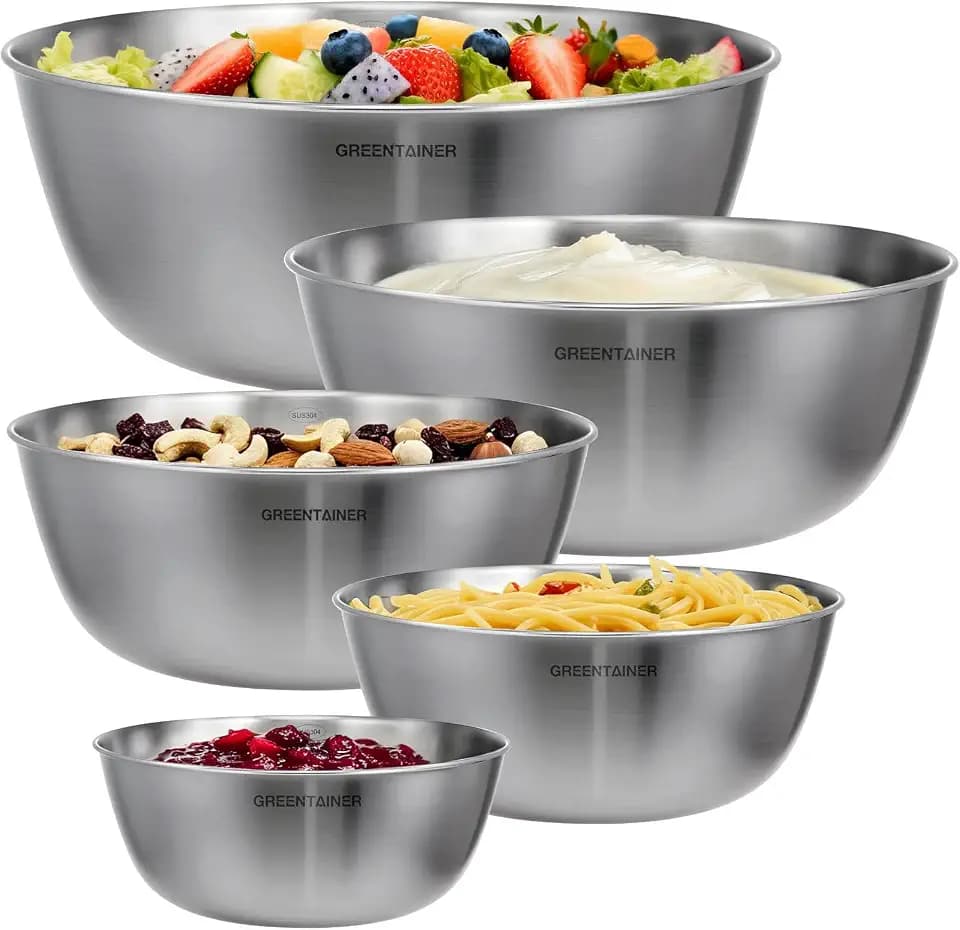 Greentainer Schüsselset 5-teilig,Edelstahl Salatschüssel für die Küche 0,8l - 5,2l,Rührschüssel aus Edelstahl,Stapelbare mixing bowls, Servierschüssel,Schüsseln ideal zum Mischen und Servieren