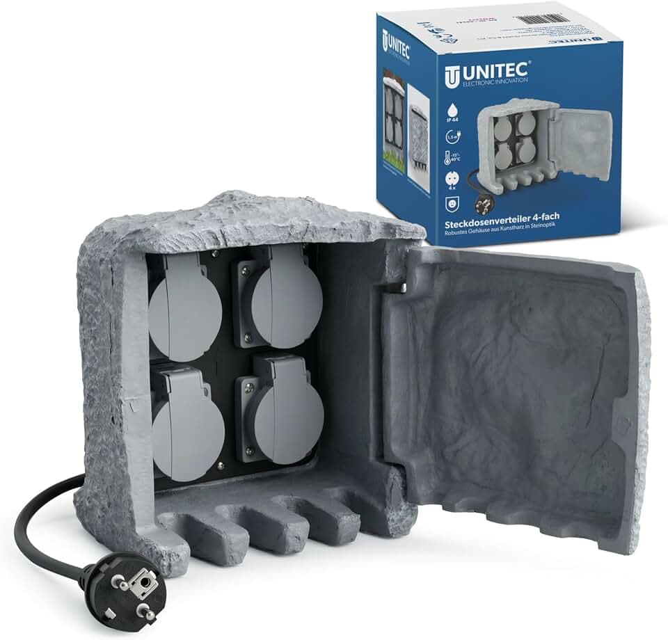 UNITEC Steckdosenverteiler für den Garten in Steinoptik, Gartensteckdose, Außensteckdose, IP 44, 4 Steckdosen Würfel