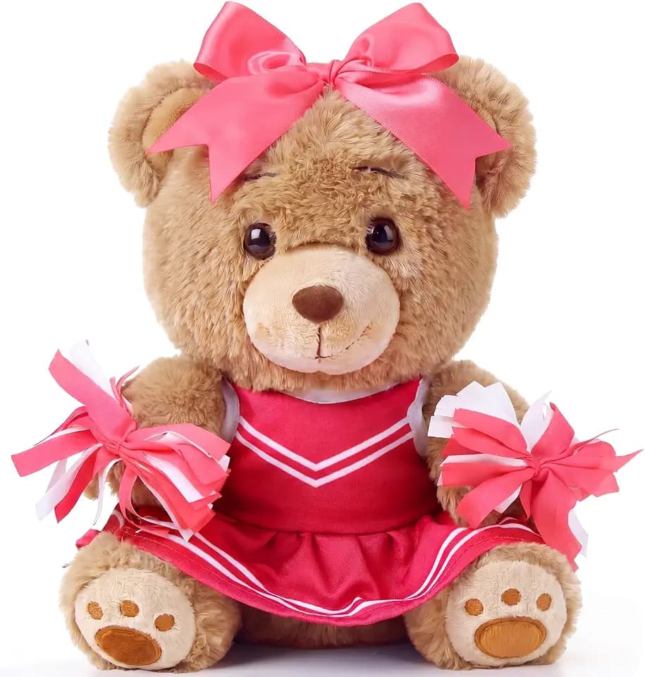 Seenelling 10 Inch Cheerleader Bear Plush with Pom Poms and Bow, Pink