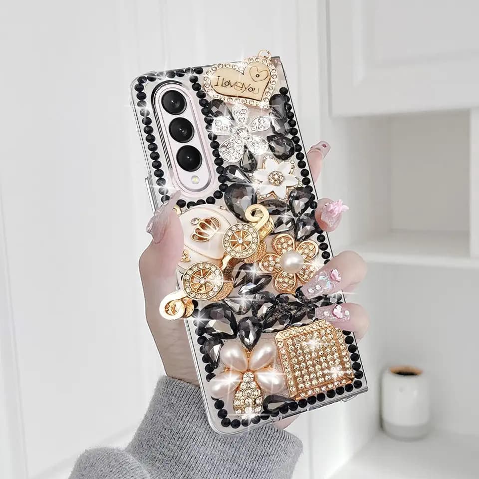 Omio for Galaxy Z Fold 3 5G Case, Luxury 3D Handmade Sparkle Rhinestone Iron Tower Pendant Pumpkin Car Flowers Crystal Diamond Bling Glitter Hard PC Cover for Women Girls, Black