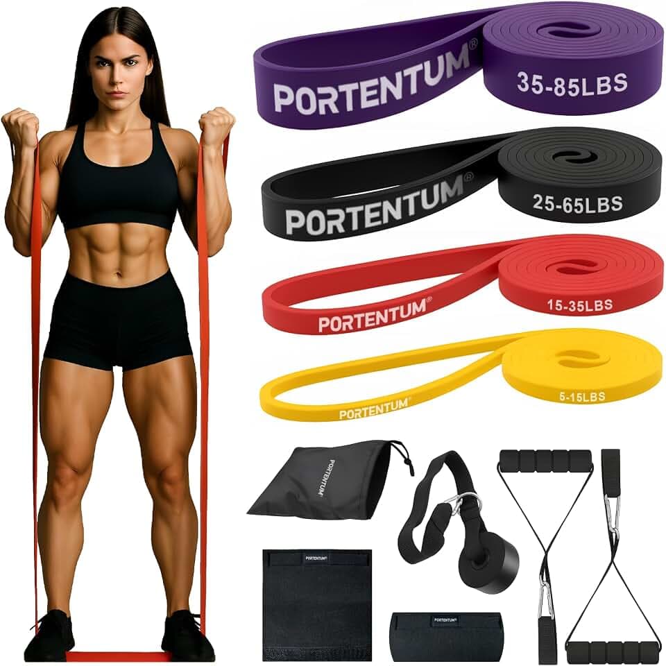 PORTENTUM Fitnessbänder Widerstandsbänder Set – Resistance Bands 4 oder 5 Stärken – Griffe, Türanker, Schutzhüllen und Tasche – Fitnessgeräte für zuhause Männer Frauen – Muskeltraining Crossfit Yoga