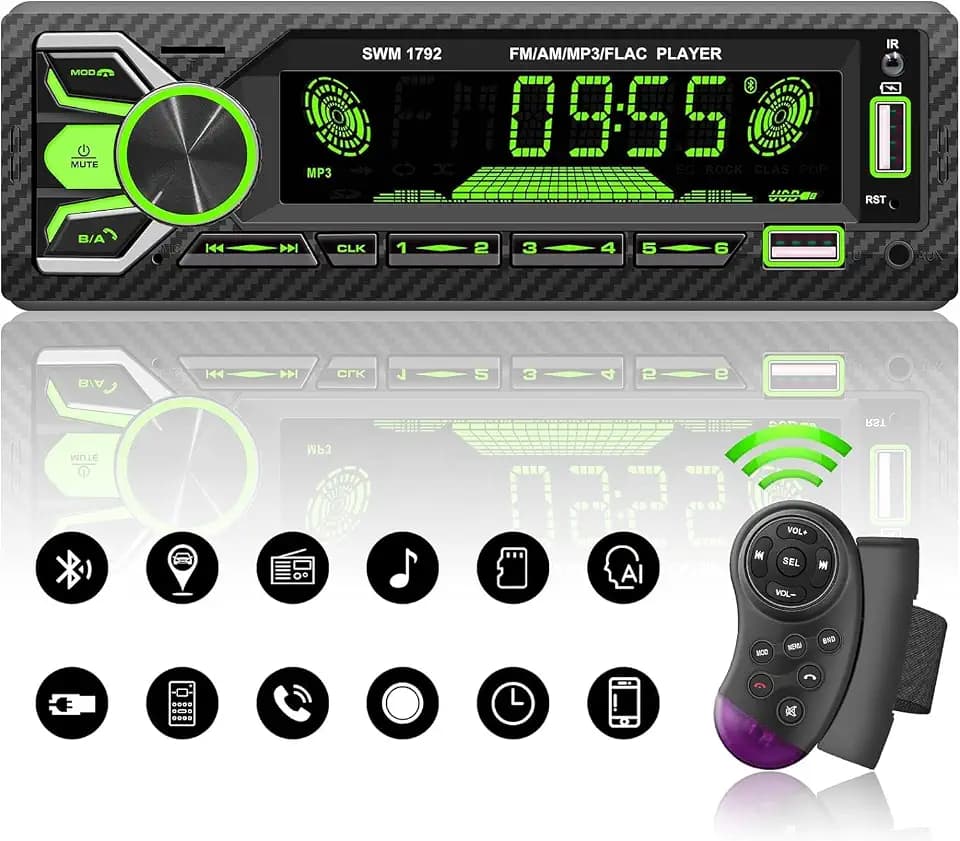 RDS Car Radio with Voice Control, 5.2 Dual Bluetooth with Hands-Free Kit, FM & AM Car Radio with Car Locations and Finding, iOS & Android 1 DIN MP3 Car Player, 2USB/SD/TF/AUX/Fast Charging/SWC, 30