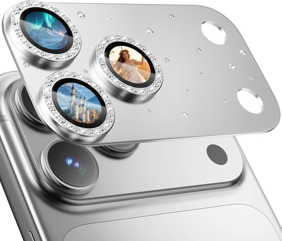 HelloDeere for iPhone 17 Pro Max Camera Lens Protector [Not Easy to Break] [Ultra Bright] Round Gold Diamond Bling Tempered Glass Metal Frame Camera Cover for iPhone 17 Pro Max Lens Case Friendly (Silver,1 Pack)