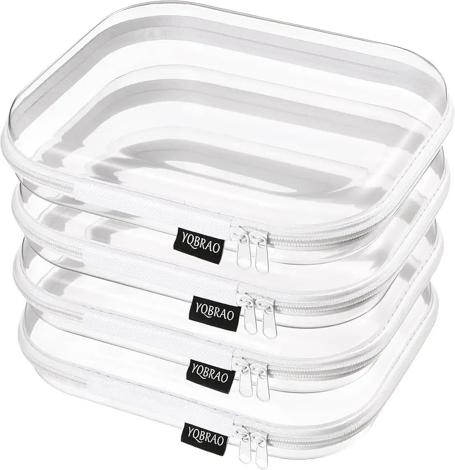 YQBRAO Clear Hard Shell Zipper Cases, 4 Medium Makeup Organizers, White