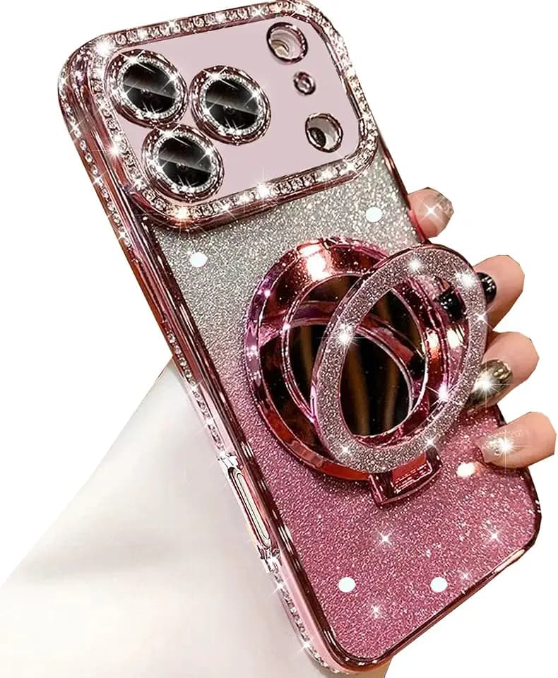 Changjia Magnetic Kickstand Glitter Case for iPhone 17 Pro Max,[Compatible with Magsafe] Cute Bling Sparkly Rhinestones with Camera Protector Makeup Mirror Women Girls Case for iPhone 17 Pro Max, Pink