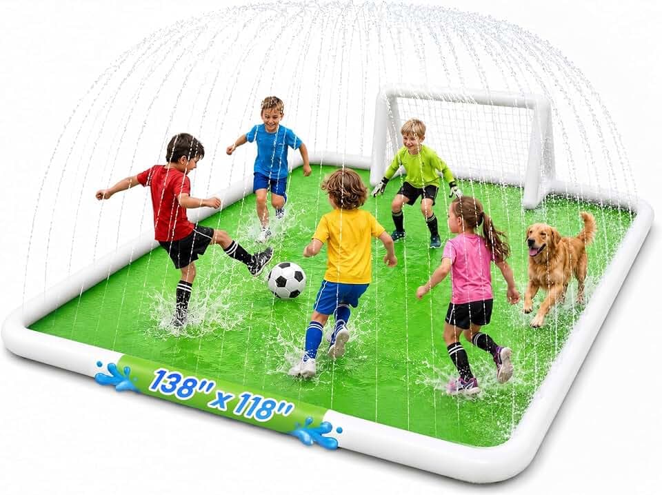 EPN Soccer Splash Pad for Kids, Non-Slip PVC Sprinkler Mat, 138 x 118 Inch