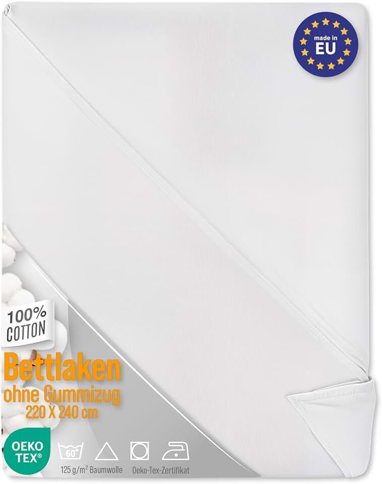 Bettlaken ohne Gummizug kochfeste Baumwolle 2er Set: 220 x 240 cm - weißes Betttuch ohne Gummi Baumwollstoff Laken zum zudecken Hotel 125 g/m²