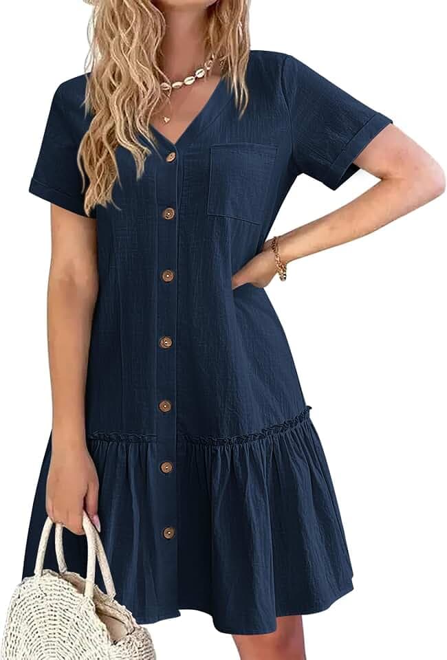 Hotouch Sommerkleid Damen Button Down Leinenkleid Strandkleid Casual V-Ausschnitt Minikleid Kurzarm A-Linie Kleid Rüschenumschlag Kleider