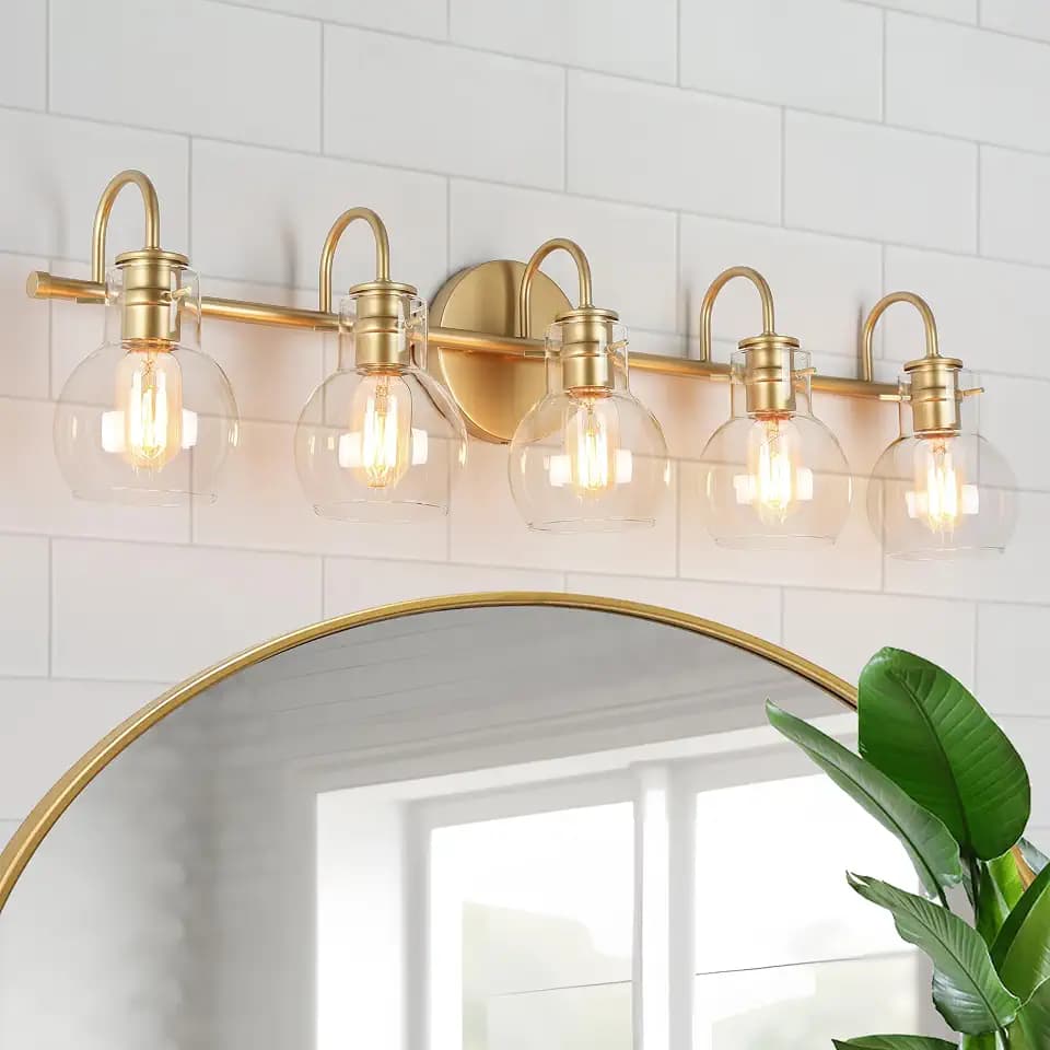 KSANA Bathroom Vanity Light, 5-Light Large Gold Wall Light Fixtures, Modern Vanity Lights Over Mirror with Globe Clear Glass Shades
