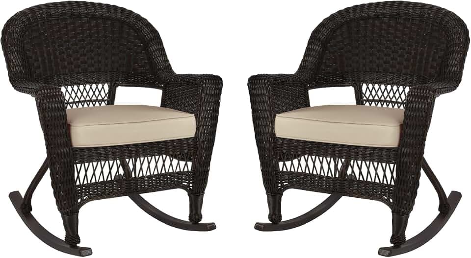 Jeco Rocker Wicker Chair with Tan Cushion, Set of 2, Espresso