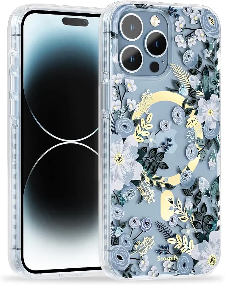 SCORPIFY for iPhone 15 Pro Case [Compatible with MagSafe] with Blue Nemophila Floral Design, Cute Clear Flower Magnetic Phone Cover for Women Girls, [Non Yellowing] Slim Bumper with Gold Accents
