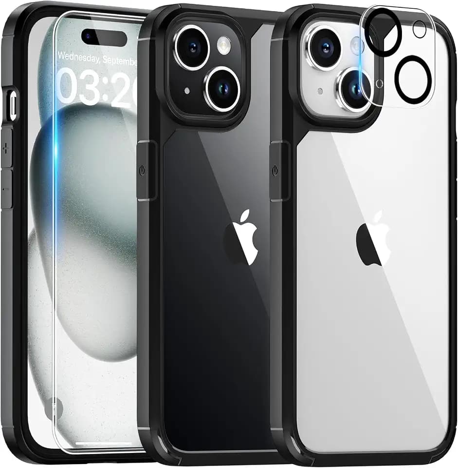 TAURI 5 in 1 für iPhone 15 Hülle mit Schutzfolie, mit 1 Handyhülle + 2 Stück Schutzfolie + 2 Stück Kameraschutz, Anti-Gelb Stoßfest Case 360 Grad Schutzhülle - Schwarz