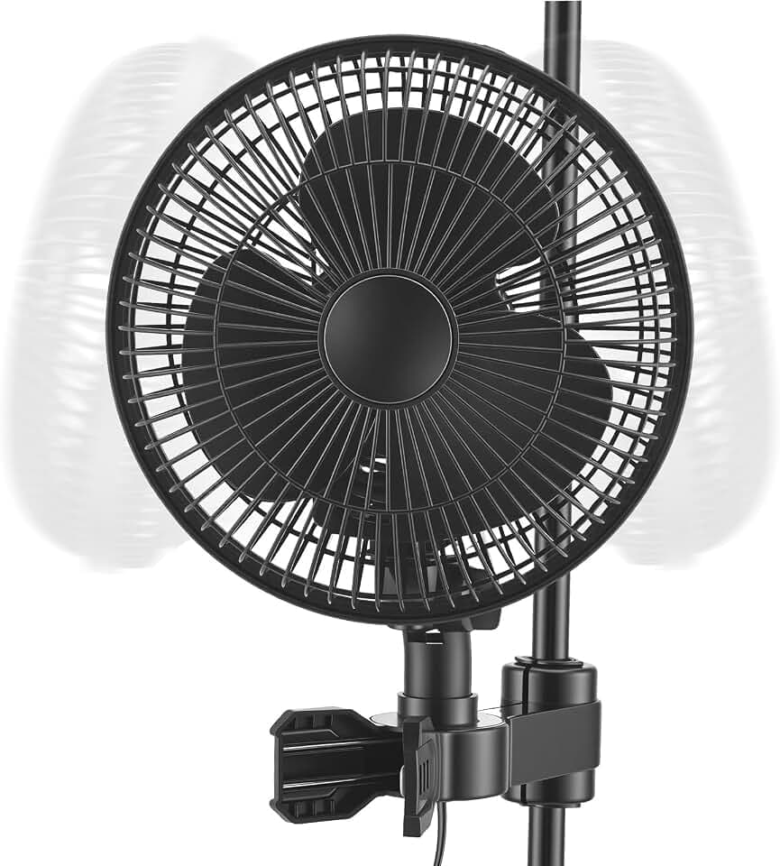 Grow Clip-Ventilator 25W, Oszillierender Klemmbar 22cm Durchmesser für Growzelt Growbox mit 1.5m langes Kabel, Oszillierender Lüfter mit Clip, 2 Geschwindigkeitsstufen