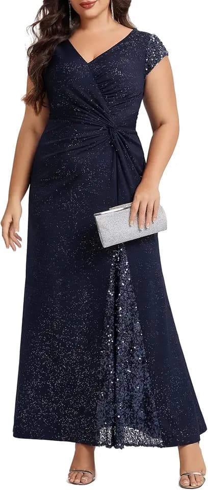 Ever-Pretty Plus Women's V Neck Glitter Formal Evening Dress for Curvy Women Bodycon Plus Size Mother of Bride Dresses