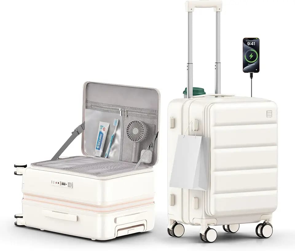 Expandable 20Inch Carry On Luggage Airline Approved - Top Opening Hardside Travel Suitcase Unbreakable -with Cup Holder,USB Charge,Side Pothook, 360°Spinner Wheels, TSA Lock, Milky White