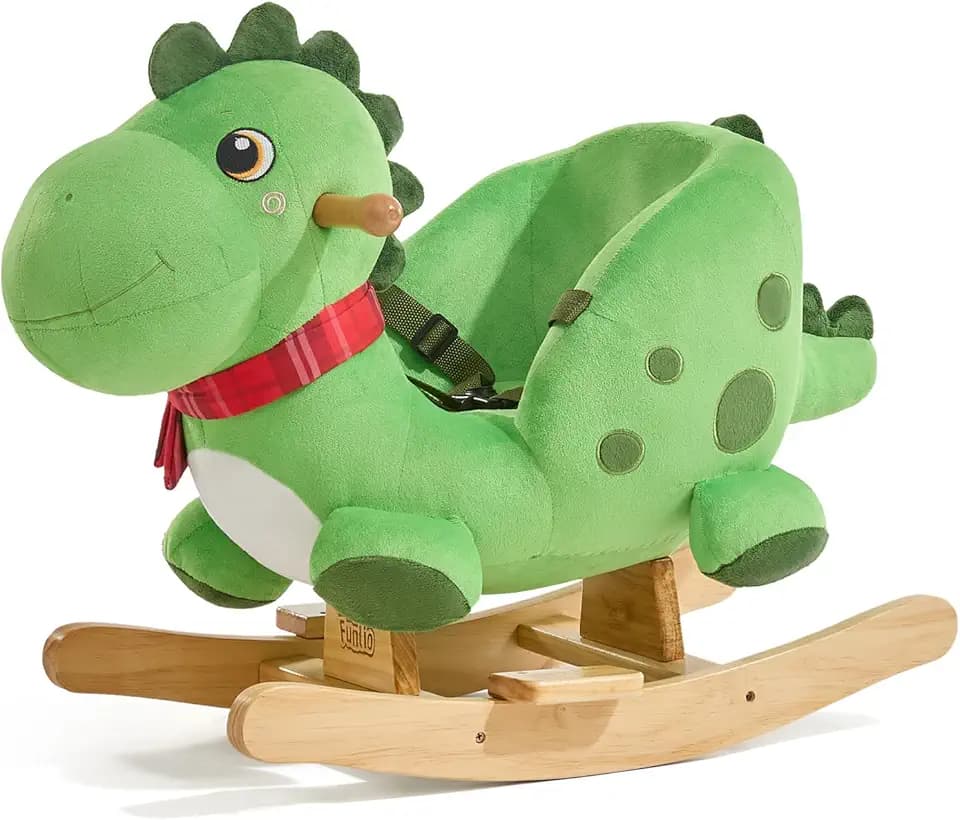 FUNLIO Dino Rocking Horse for Toddlers 1-3 Years, Premium Green Plush Rocking Dino with Soft Spikes, Big Eyes & Lovely Smile, Realistic Scales, Easy to Assemble, Nursery, CPC & CE Certified