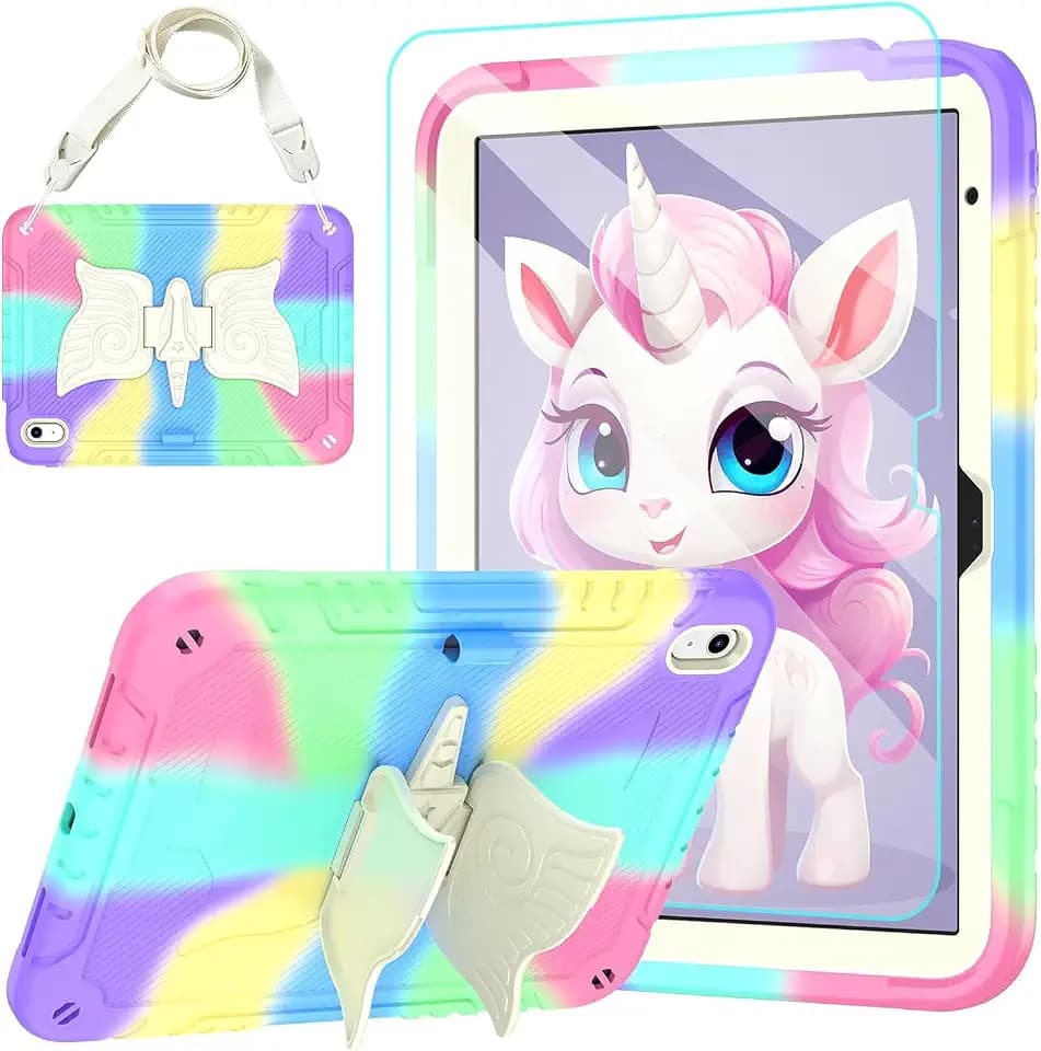 TOMORRY for iPad (A16) 11th Generation 11 Inch 2025/iPad 10th Generation Case 10.9 Inch 2022 with Tempered Glass Screen Protector,Unicorn Stand,Shoulder Strap,for iPad 10 Case Kids Girls (Colorful)