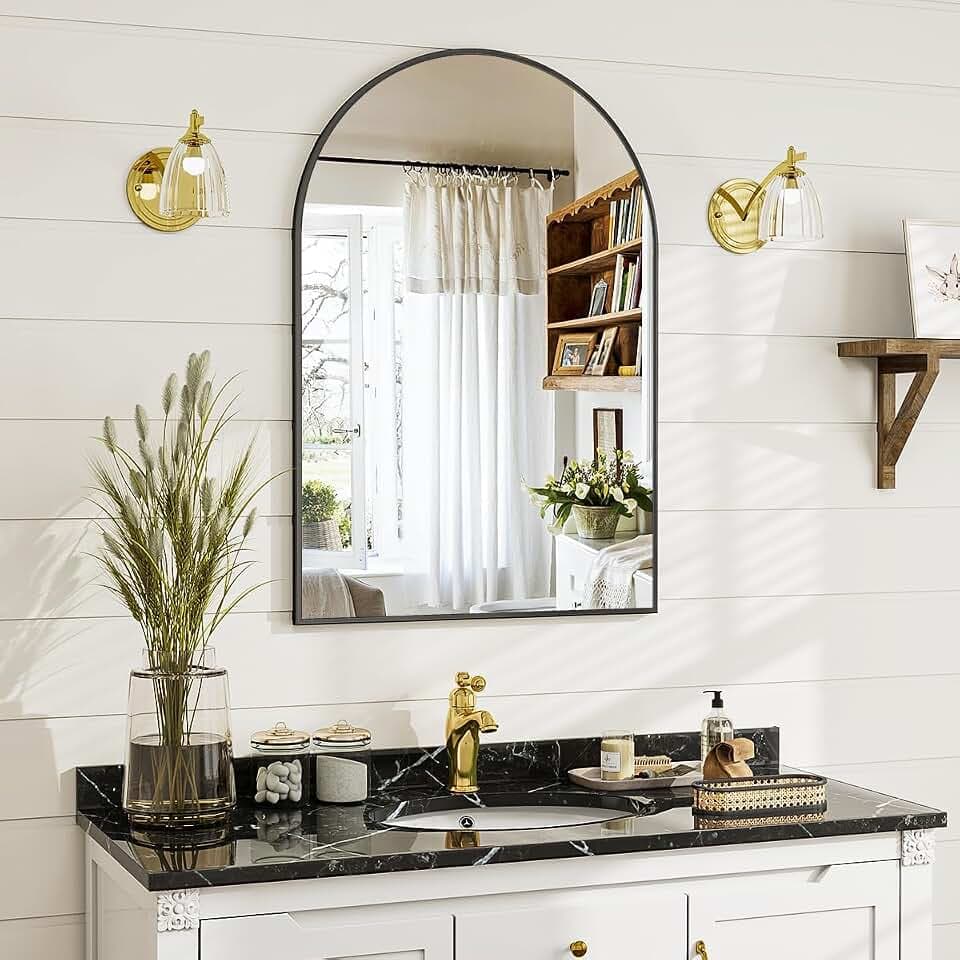 BEAUTYPEAK Bogen Wandspiegel, 76x51cm Badezimmer Spiegel für Zimmer Deko | Rahmen aus Aluminiumlegierung,Kann an die Wand Gelehnt oder Aufgehängt Werden, Bruchsicher Wandspiegel für Schlafzimmer, Flur