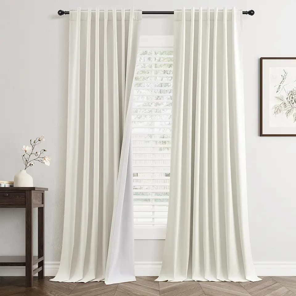 Jowels Ivory Linen Blackout Curtains 102 Inches Long for Bedroom Windows