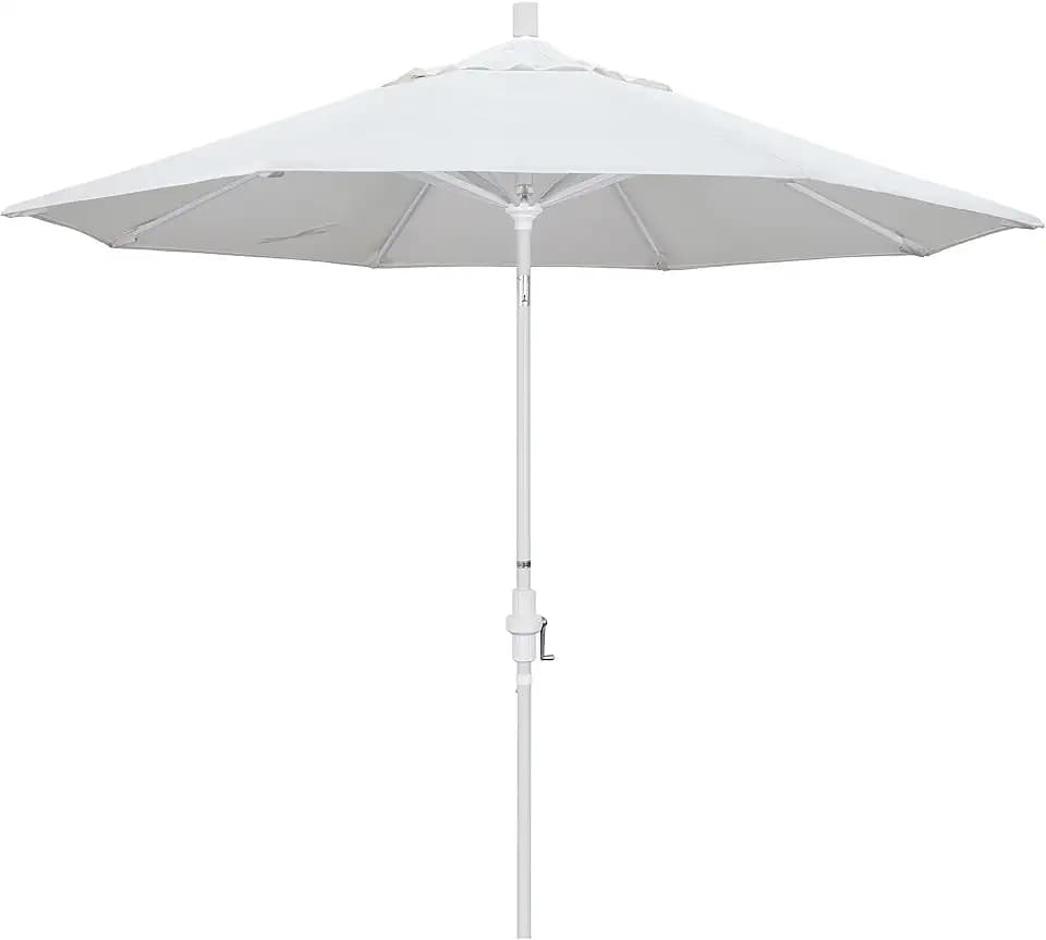 California Umbrella 9' Round Aluminum Market Umbrella, Crank Lift, Collar Tilt, White Pole, White Olefin