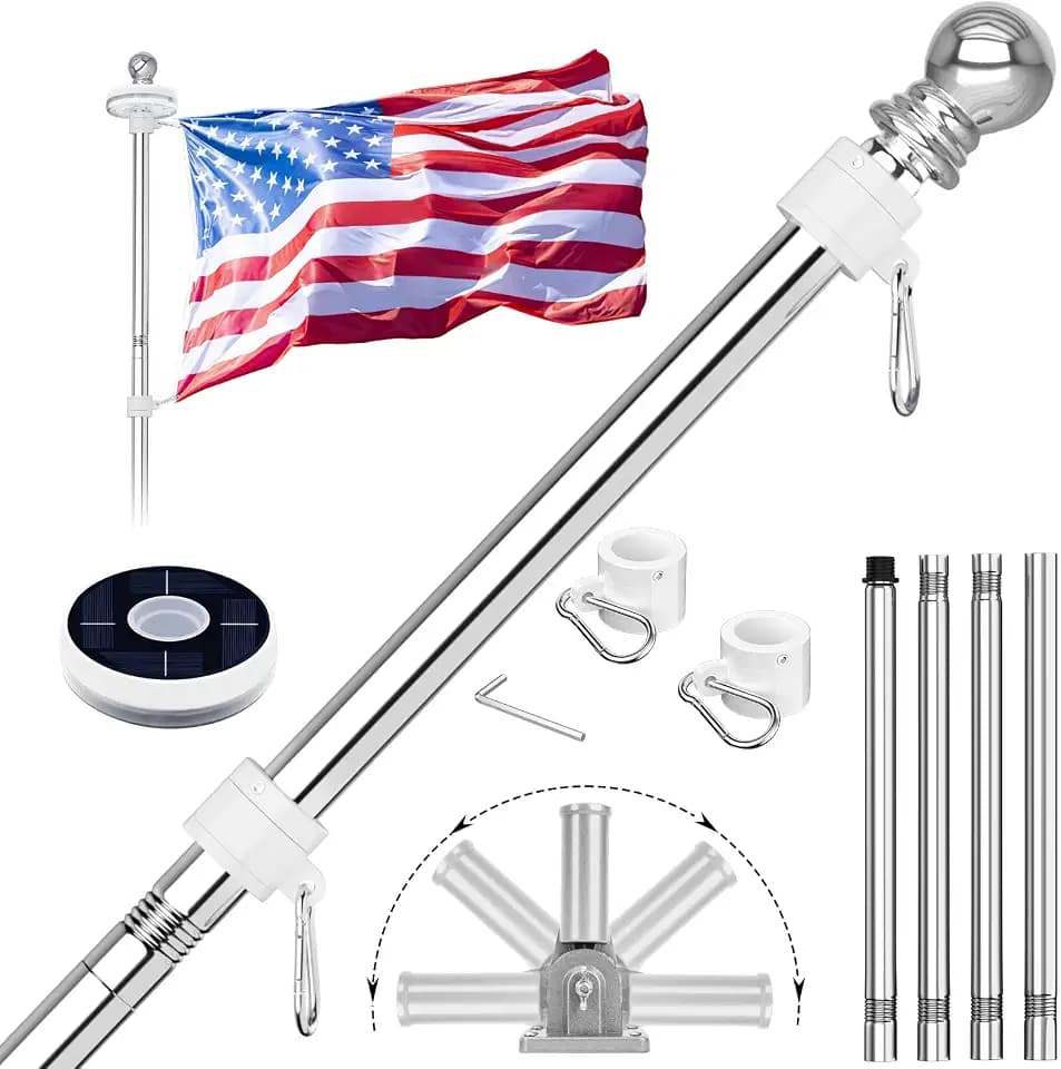 ZMTECH 5FT Flag Pole for Outside House with Solar Light, Silver, (No Flag)