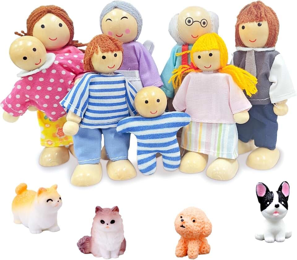 Puppenhaus Puppen - 13 Stück Holz Familie Set mit Katze und Hund, Figuren Biegepuppen Puppen Familie Set für Puppenhaus Zubehör Spiel Haus Geschenk