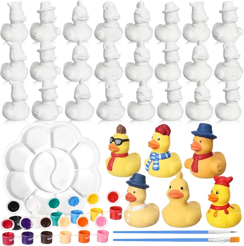 Blueweenly 29 Pcs Paint Your Own Ceramic Duck Craft Set Include Unpainted Ceramic Duck 2 Strips of Paints with 1 Palette 2 Brushes (Elegant)
