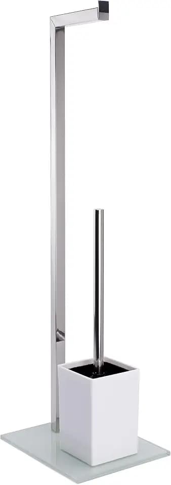 MSV Bad Serie Sydney Stand WC Garnitur aus Edelstahl und Glas mit herausnehmbaren Innenbehälter für die WC Bürste Weiß