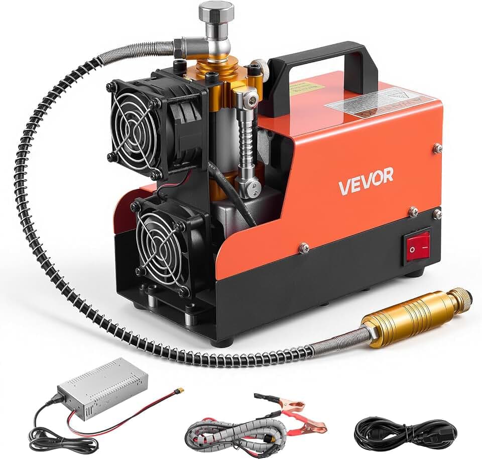 VEVOR PCP Air Compressor 4500PSI PCP Airgun Compressor & External Converter, Manual Stop 250W DC12V/AC120V Portable Paintball Tank Compressors for Air Rifle, Scuba Diving Bottle