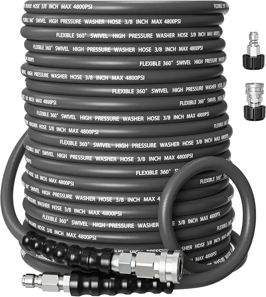 Kink-Resistant 3/8" Pressure Washer Hose 4800PSI(150FT),Steel Wire Braided Wear Resistant Rubber for Commercial, Industrial and Residential Use,Hot&Cold Water Hose with 3/8" Quick Connect