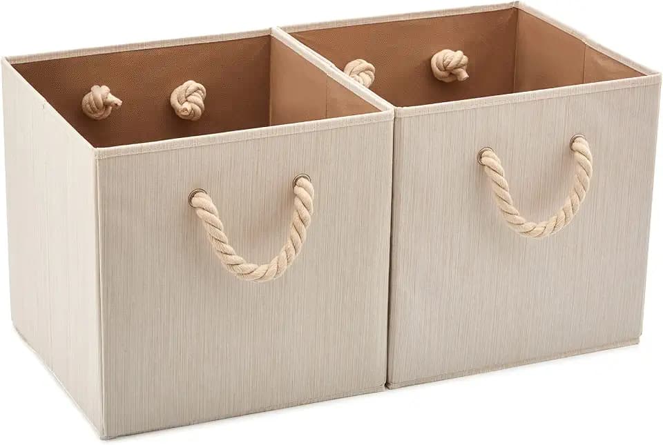 EZOWARE 2-er Set Baumwolle Faltbare Cube Aufbewahrungsbox, Faltbox Organizer Aufbewahrungskorb ohne Deckel mit Starken Griffen für Kleiderschrank, Kinderzimmer (33X33X33cm Beige)