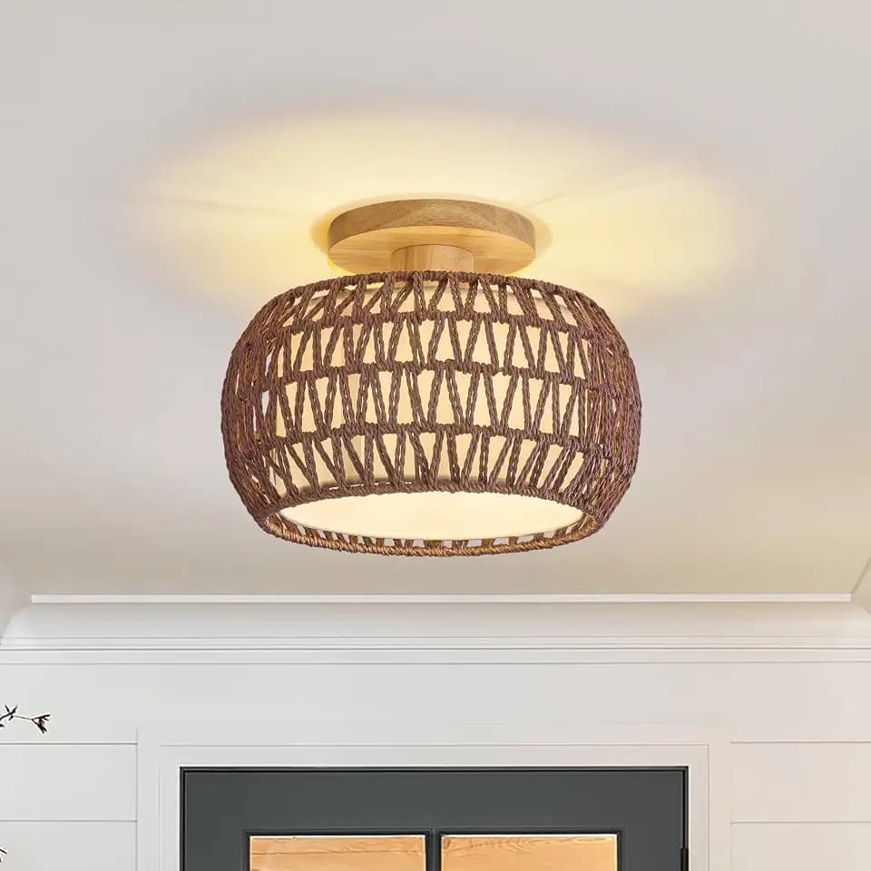 Rattan Boho Flush Mount Ceiling Light - 12″ Bohemian Wicker Light Fixtures