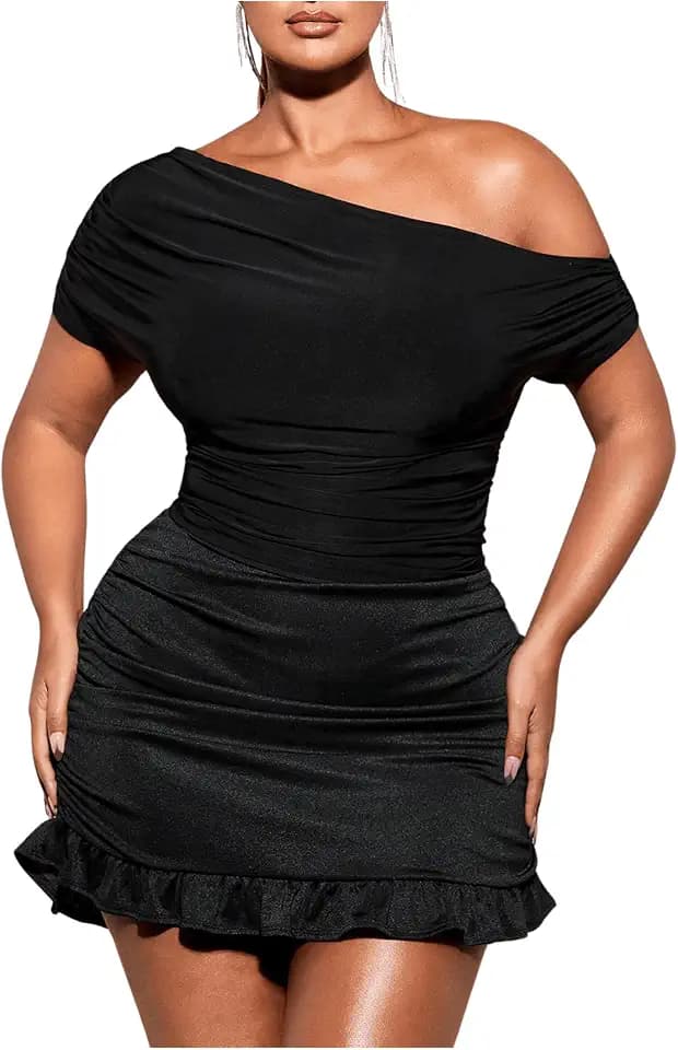 WDIRARA Women's Plus Size Off Shoulder Tee Shirt Ruched Asymmetrical Tops