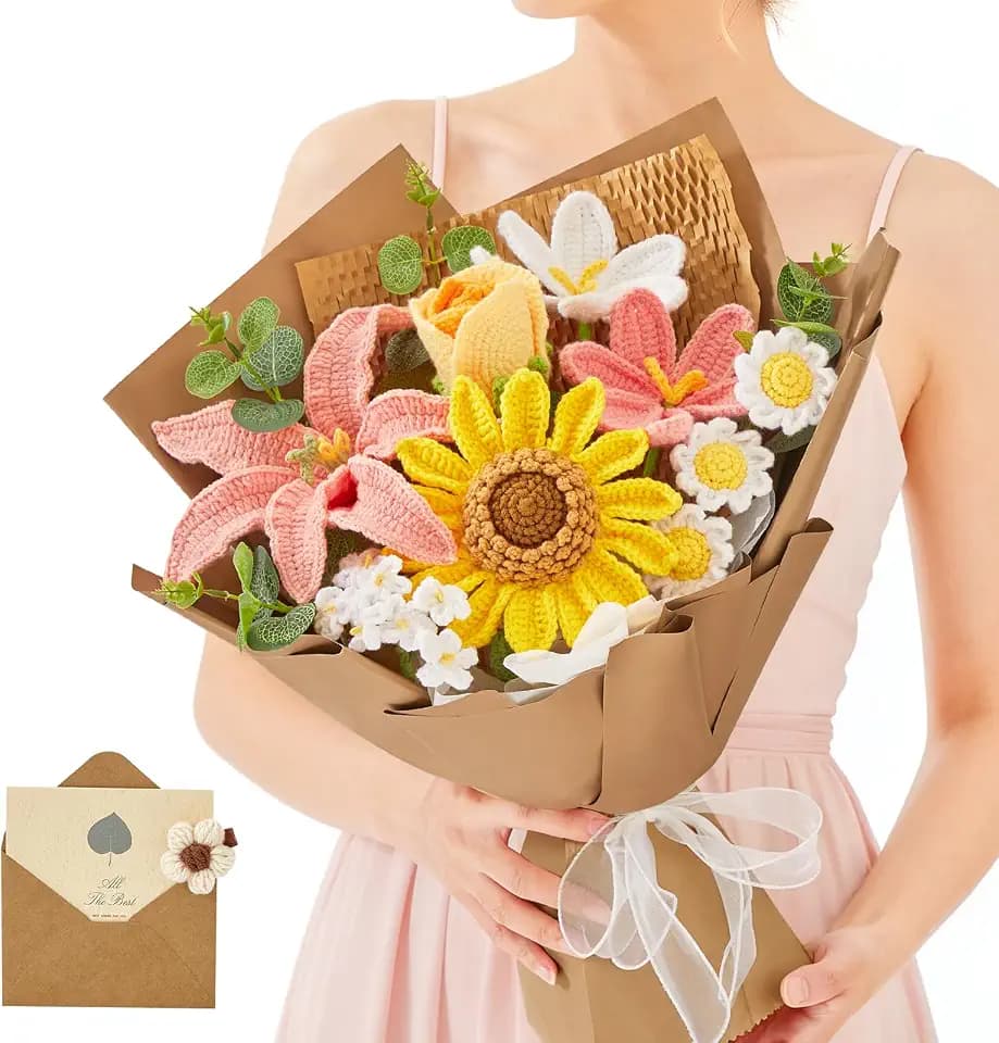 Alecono Large Crochet Flower Bouquet Pink Handmade Sunflower Floral Set