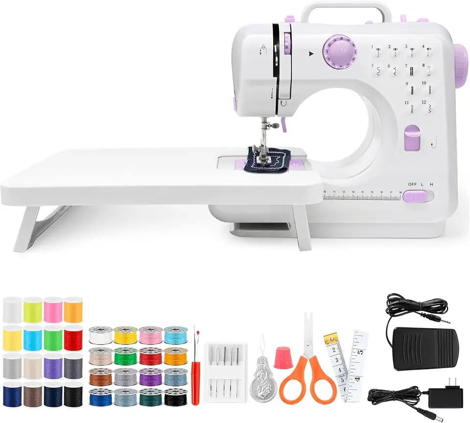 Nähmaschine, Mini-Nähmaschine mit Anschiebetisch, Tragbare Elektrische Nähmaschine, 12-Stiche-Nähmaschine mit LED-Licht, Nähzubehör-Set, Ideal für Kleidung, Kissenbezüge, Bettlaken
